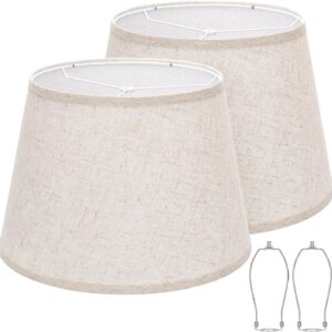 Large Drum Lamp Shades Set of 2, 12"Top x 16"Bottom x 11"High, Beige Lampshades for Table Lamps Floor Lamps, Natural Linen Replacement Lamp Shades, Spider, Harp Holders Included, Easy Assembly
