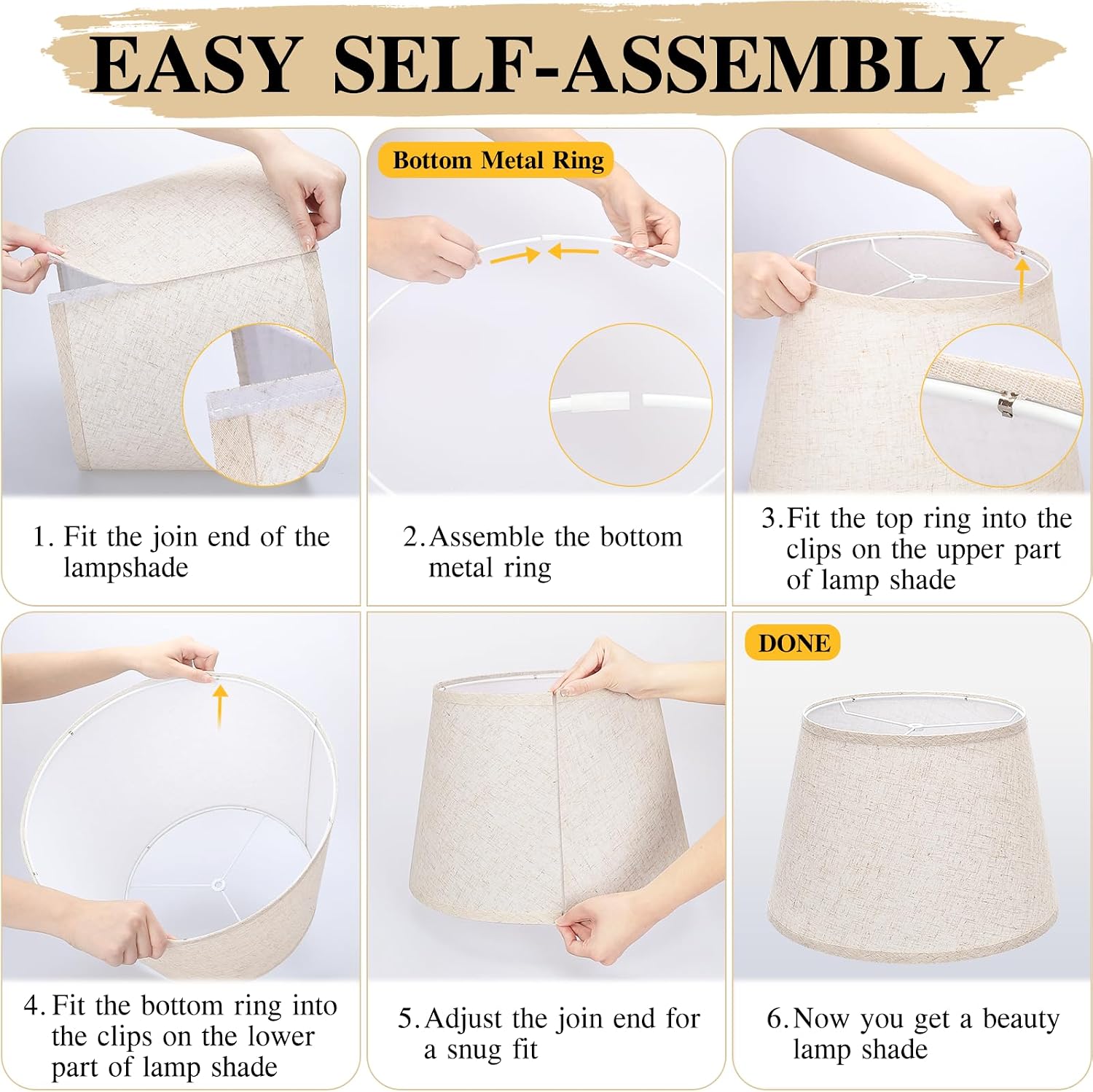 Large Drum Lamp Shades Set of 2, 12"Top x 16"Bottom x 11"High, Beige Lampshades for Table Lamps Floor Lamps, Natural Linen Replacement Lamp Shades, Spider, Harp Holders Included, Easy Assembly - Image 6