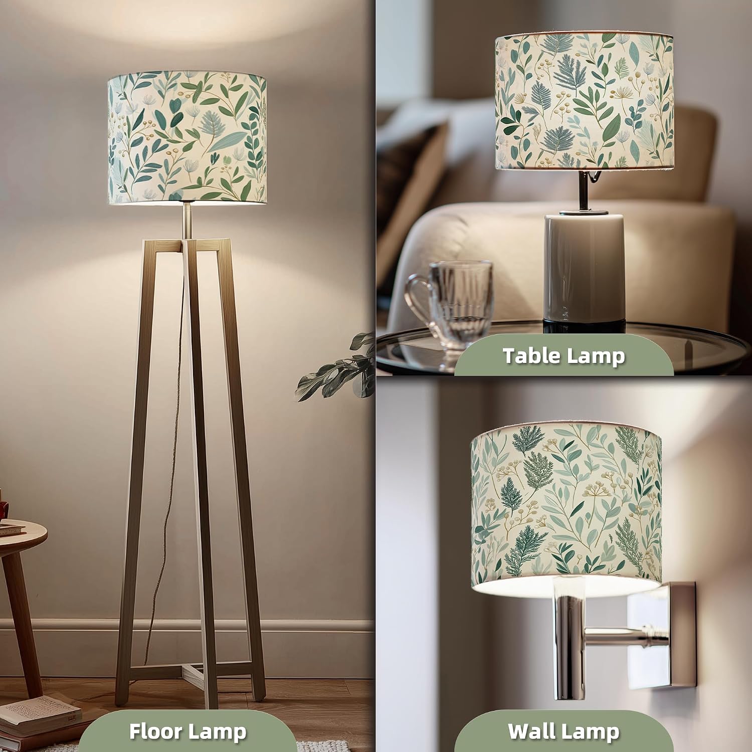 Drum Lamp Shade 13 x 13 x 10 inch, Sage Green Botanical Print Linen Lampshade Replacement for Table Lamps & Floor Lamps, E26 E27 Compatible Spider Fitter Lamp Shade for Bedroom Living Room - Image 2