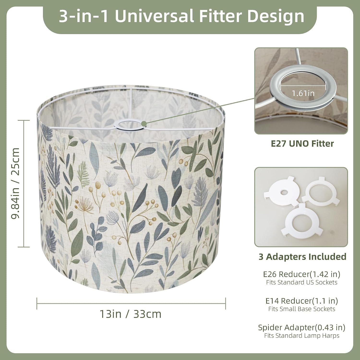 Drum Lamp Shade 13 x 13 x 10 inch, Sage Green Botanical Print Linen Lampshade Replacement for Table Lamps & Floor Lamps, E26 E27 Compatible Spider Fitter Lamp Shade for Bedroom Living Room - Image 4