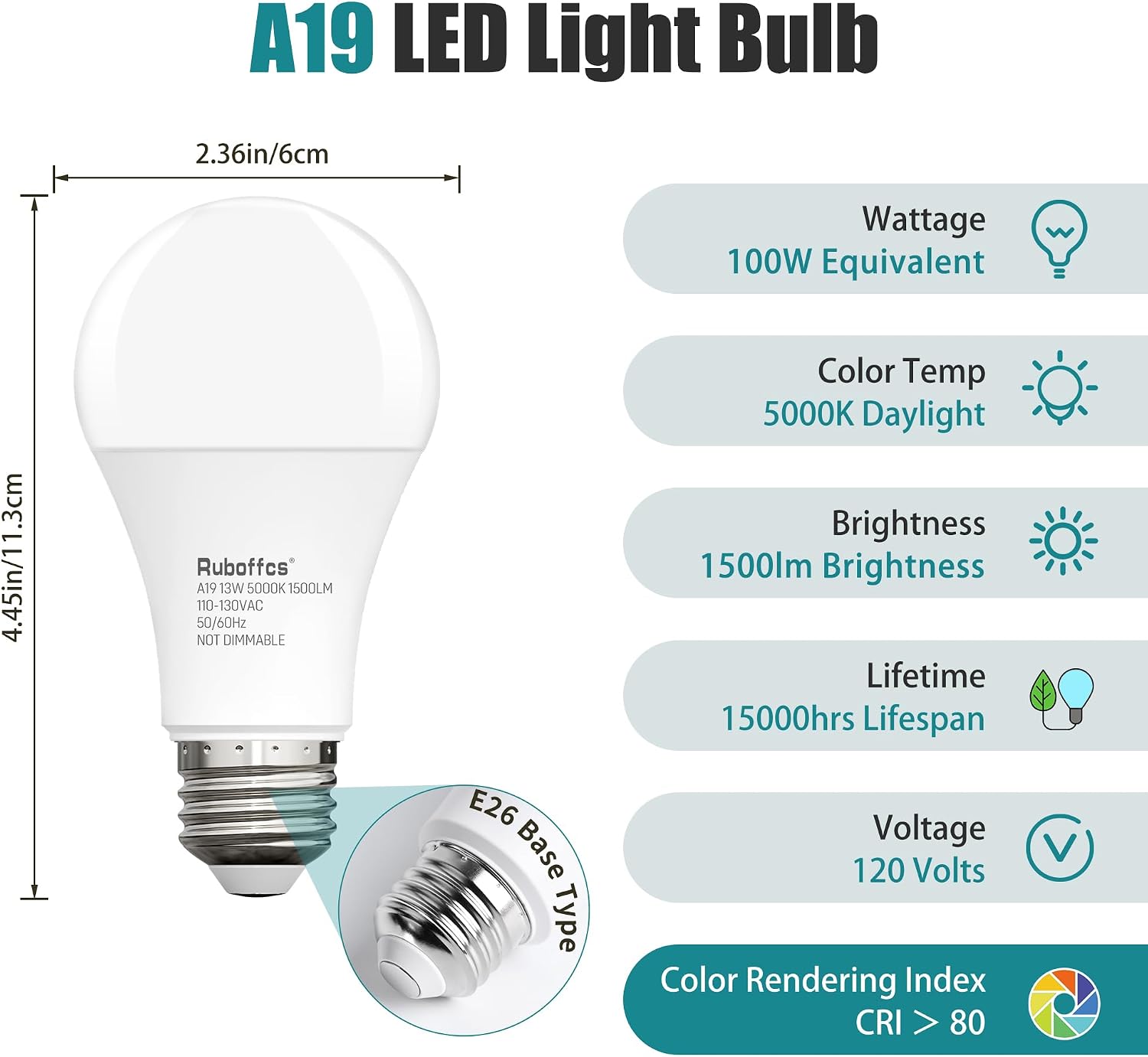 6 Packs A19 LED Light Bulbs,Daylight 5000K,100 Watt Equivalent - Image 2