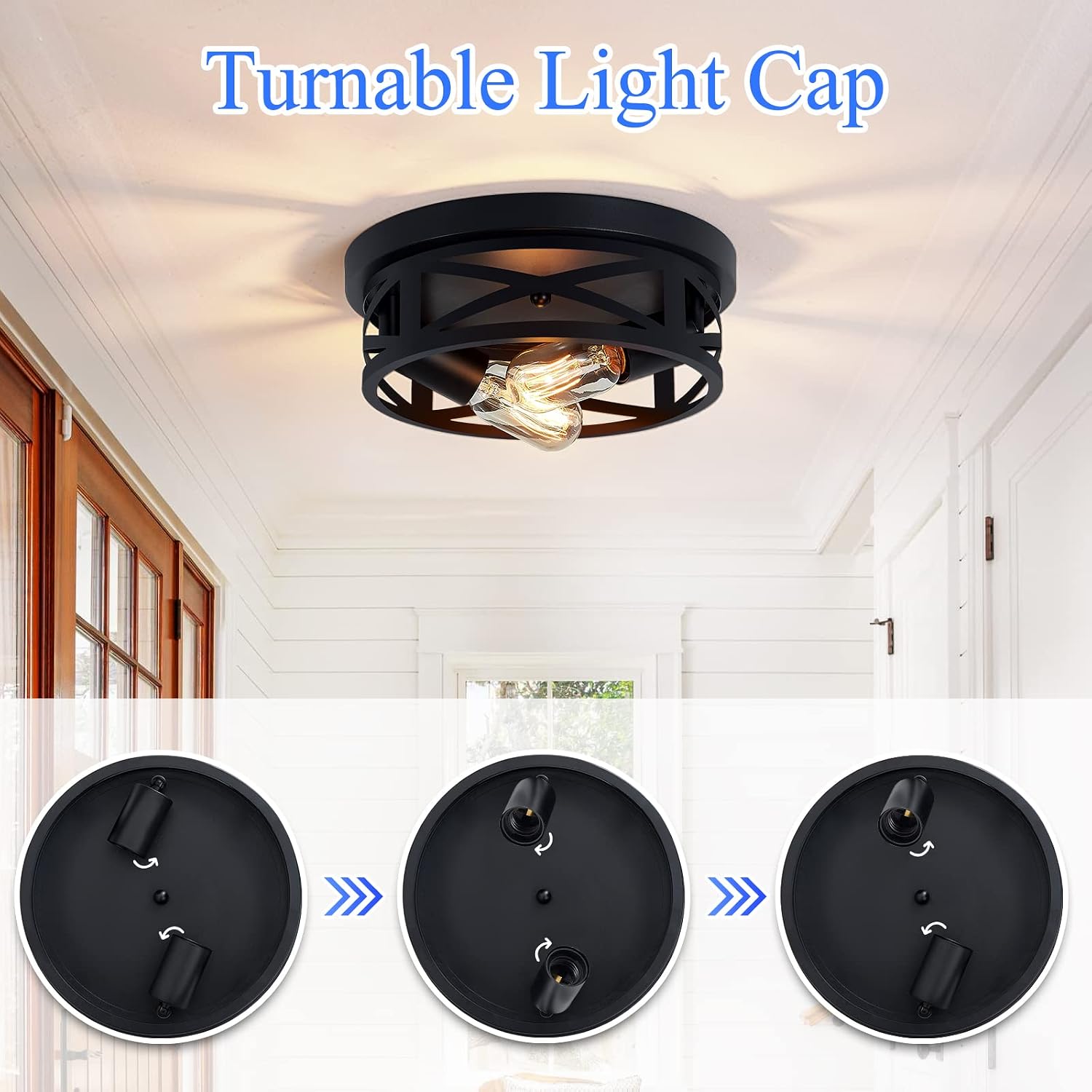 SKEJAO Flush Mount Ceiling Light Fixture,Black 2-Light Hallway Light Fixtures Ceiling,Light Fixtures Ceiling Mount for Farmhouse,Kitchen,Hall,Bedroom,Bathroom (2 Pack) - Image 4